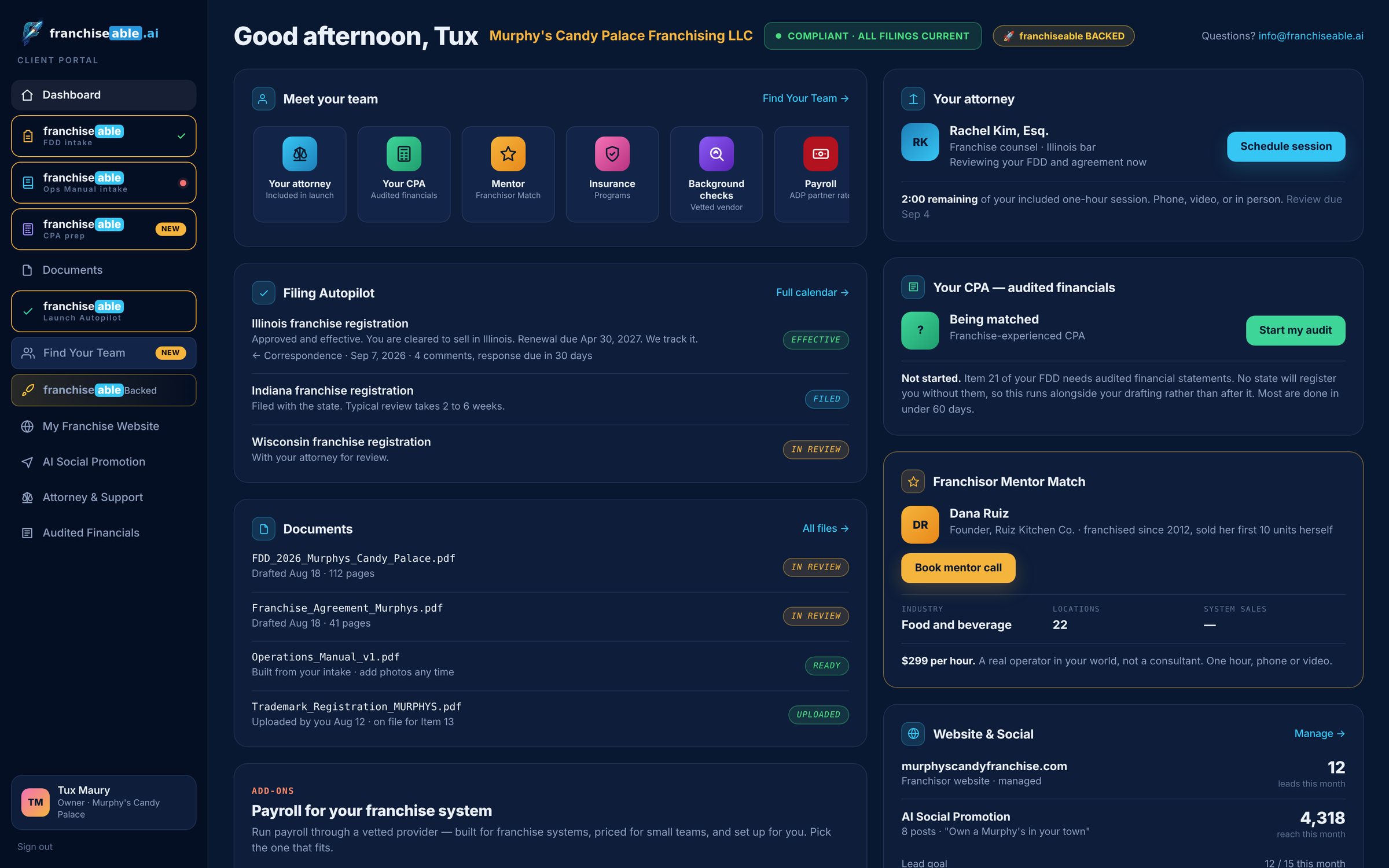 The Franchiseable client dashboard for demo client Murphy's Candy Palace
