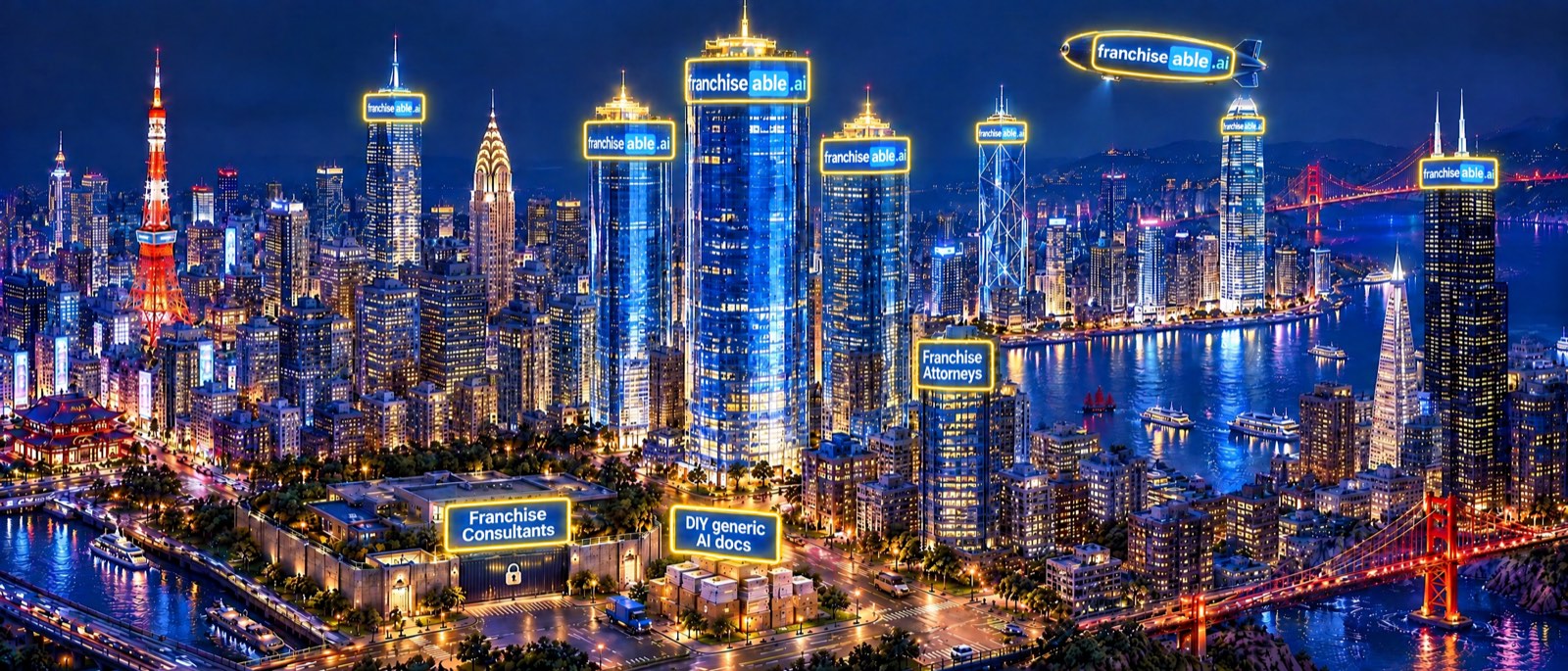 A night megacity mixing Tokyo, New York, Hong Kong, San Francisco and Chicago. Franchise Consultants behind a locked gate and DIY generic AI docs on a pile of boxes sit at street level, Franchise Attorneys has one mid height tower, and franchiseable.ai glows on the seven tallest skyscrapers and a blimp above the skyline, every sign framed in glowing yellow.