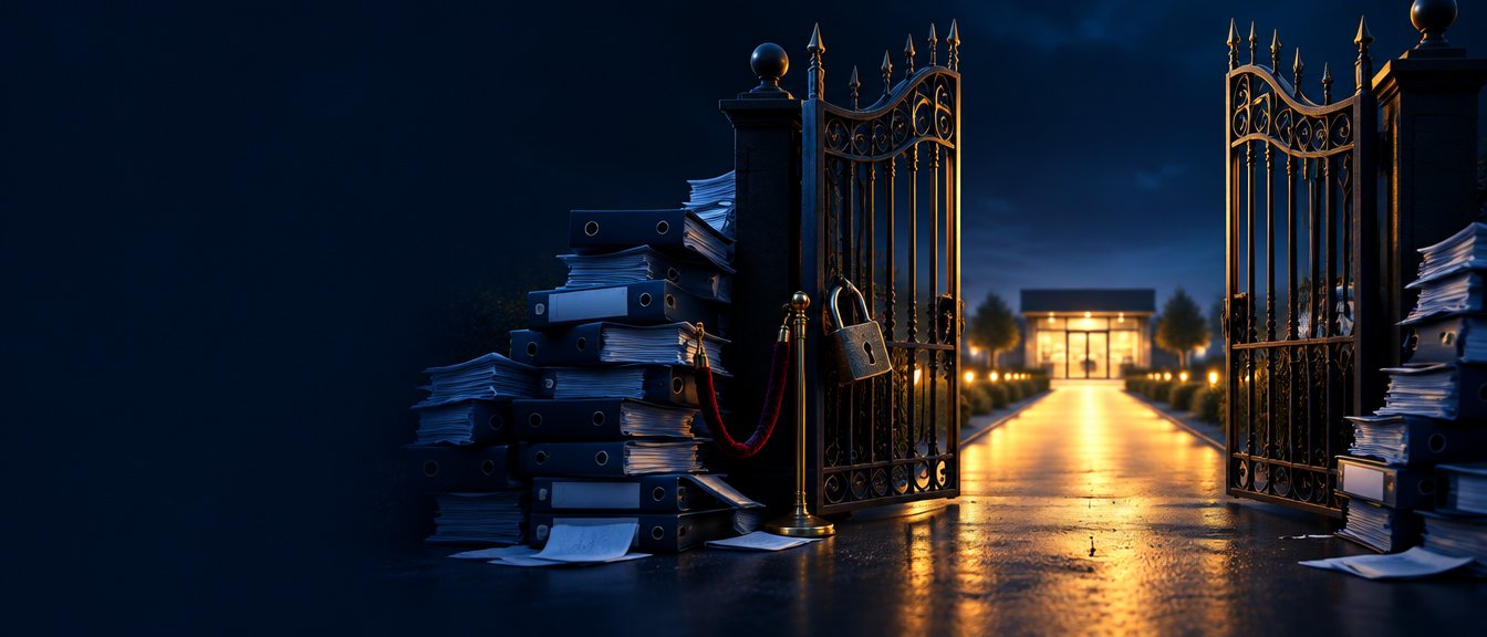 An iron gate swung open beside stacks of binders, with a lit path leading to a storefront